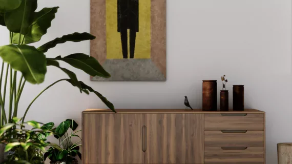 Buffet en bois, plantes vertes et objets décoratifs